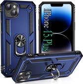 Casemania Hoesje Geschikt voor Apple iPhone 15 Plus Blauw - Anti-Shock Hybrid Armor met Kickstand Ring