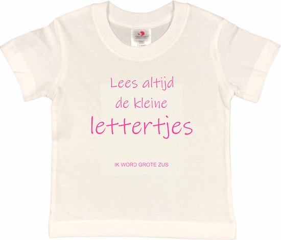 Shirt Aankondiging zwangerschap "Lees altijd de kleine lettertjes (ik word grote zus)" | korte mouw | Wit/roze | maat 86/92 zwangerschap aankondiging bekendmaking Baby big bro Sis Sister