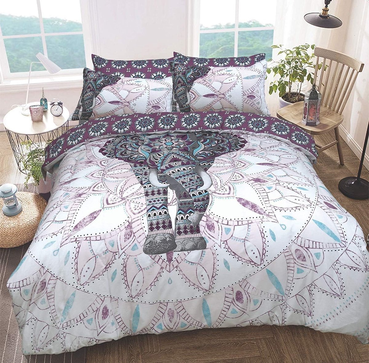 Olifant Mandala dekbedovertrekset Omkeerbaar Gemakkelijk te onderhouden Anti-allergisch Zacht en soepel met kussenslopen (Super King)