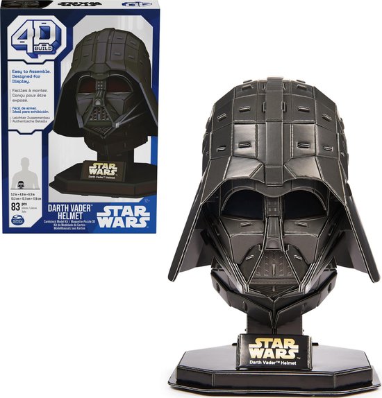 Voorzijde van de verpakking van de 4D Build Darth Vader helm, naast het gebouwde, metalen model.