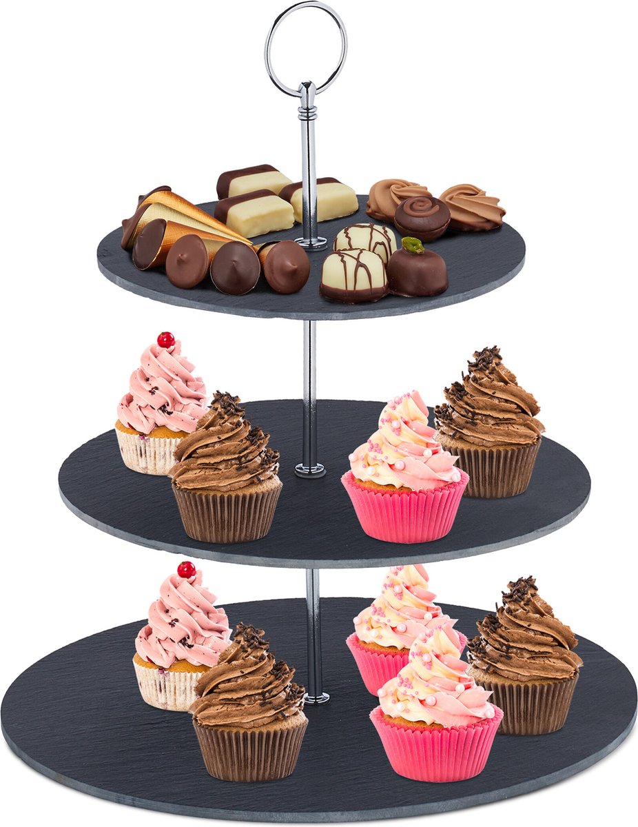 cupcake standaard - 3 laags - leisteen - handgreep - 33 x 30 cm - high tea