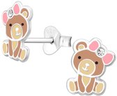 Joy|S - Zilveren baby beer oorbellen - bruin met roze strikje - 7 x 9 mm - kinderoorbellen