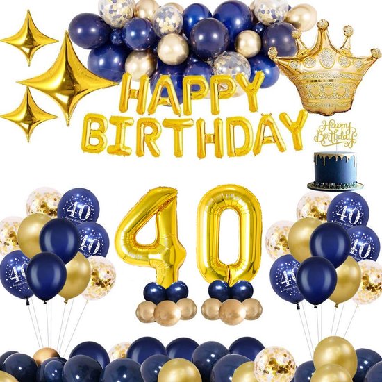 Een feestdecoratie-opstelling met gouden kroonballon, 'Happy Birthday' ballonnen, sterballonnen, blauwe, gouden, confettiballonnen en '40' ballonnen.