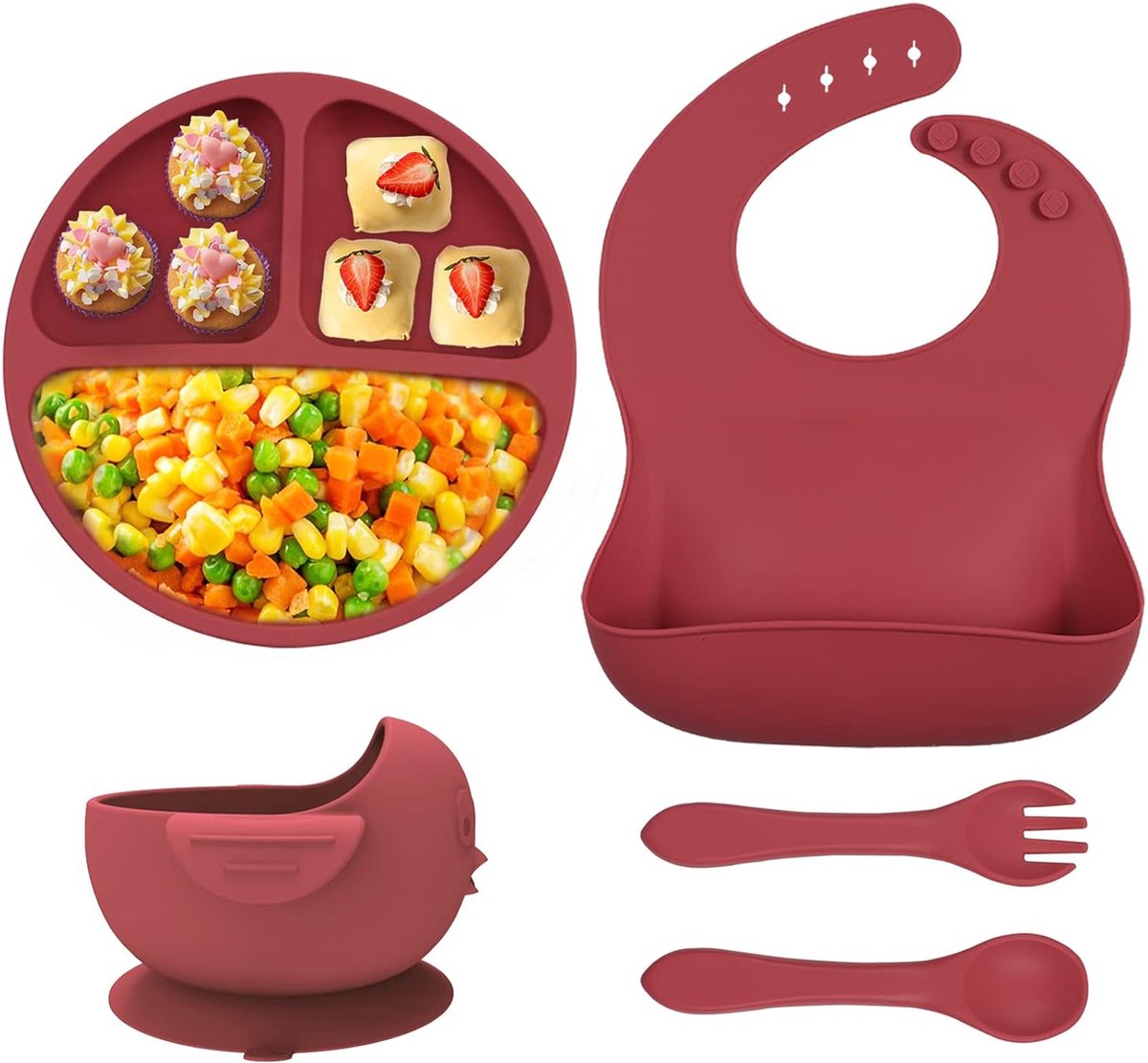 Goedkoopste Babybord Kinderbord met slabbetjesset, siliconen kinderbord met zuignap, babyslab, babybord met vorklepel, peuterslab BPA-vrij, babyservies voor baby's, peuters en kinderen