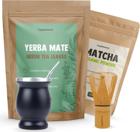 Cupplement - Thee Set Deluxe 4 delig - Yerba Mate Thee 250 Gram & Matcha 90 Gram - Biologisch - Inclusief Bamboe Whisk, Kalabes, Bombilla - Cadeau Pakket - Beker, Cup - Zuid Amerikaans - Traditioneel - Bamboe Klopper - Culunary Thee Poeder