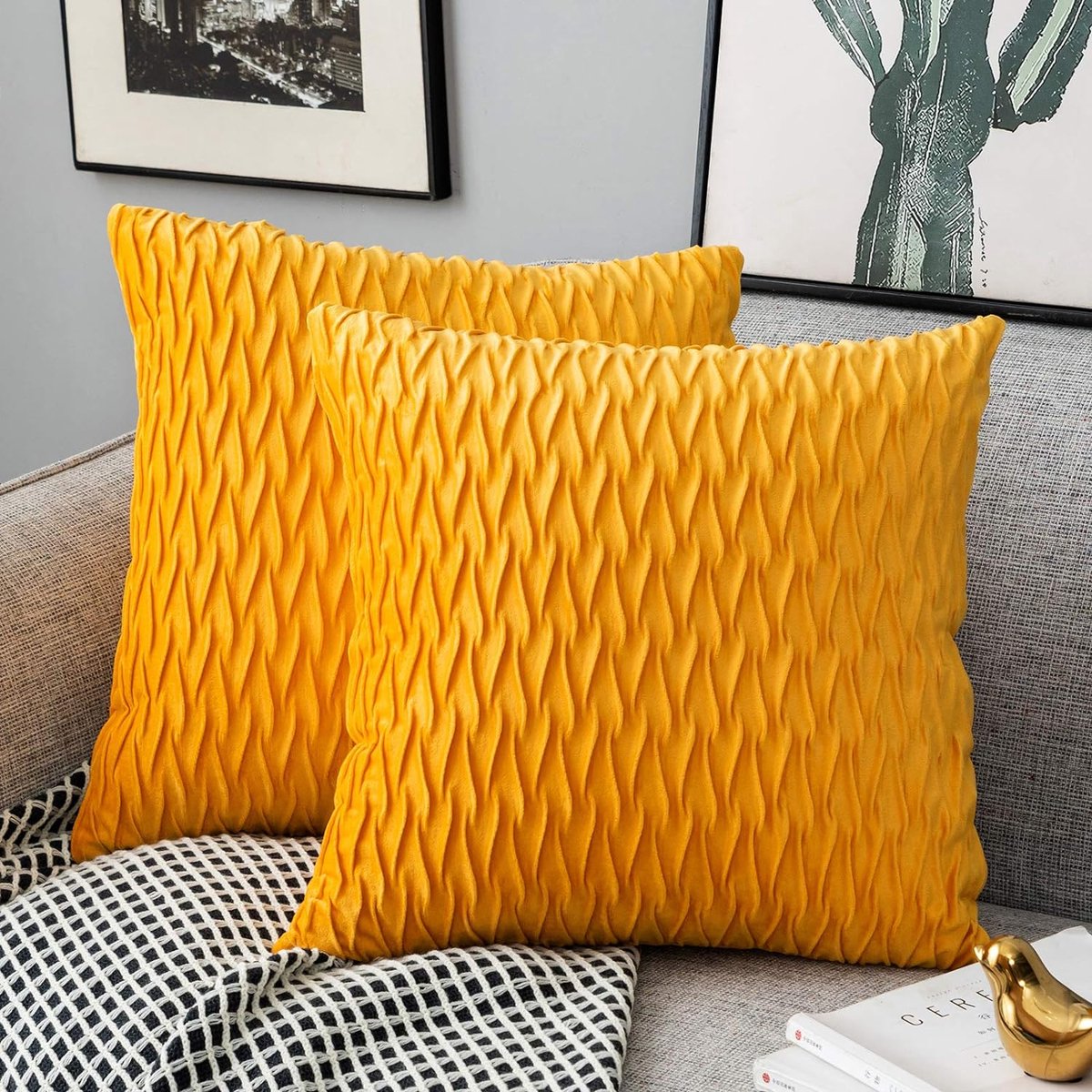 Kussenslopen Set Fluwelen Soft Solid Decoratieve Kussenhoes voor Sofa Slaapkamer 40 x 40 cm Set van 2 voor Bank Bed Sofa Stoel Slaapkamer Woonkamer, Geel