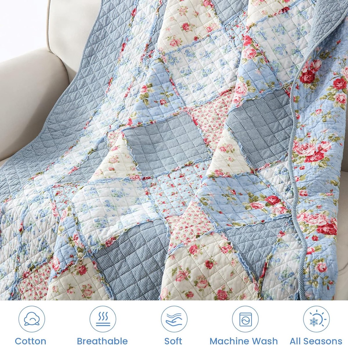Qucover Tagesdecke Patchwork 220x240cm Patchworkdecke Wendedesign Bettüberwurf 230x250 Sofadecke
