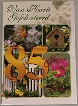 Van harte gefeliciteerd! Je bent 85 jaar geworden! Een kleurrijke kaart met diverse bloemen en dieren. Een leuke kaart om zo te geven of om bij een cadeau te voegen. Een dubbele wenskaart inclusief envelop en in folie verpakt.