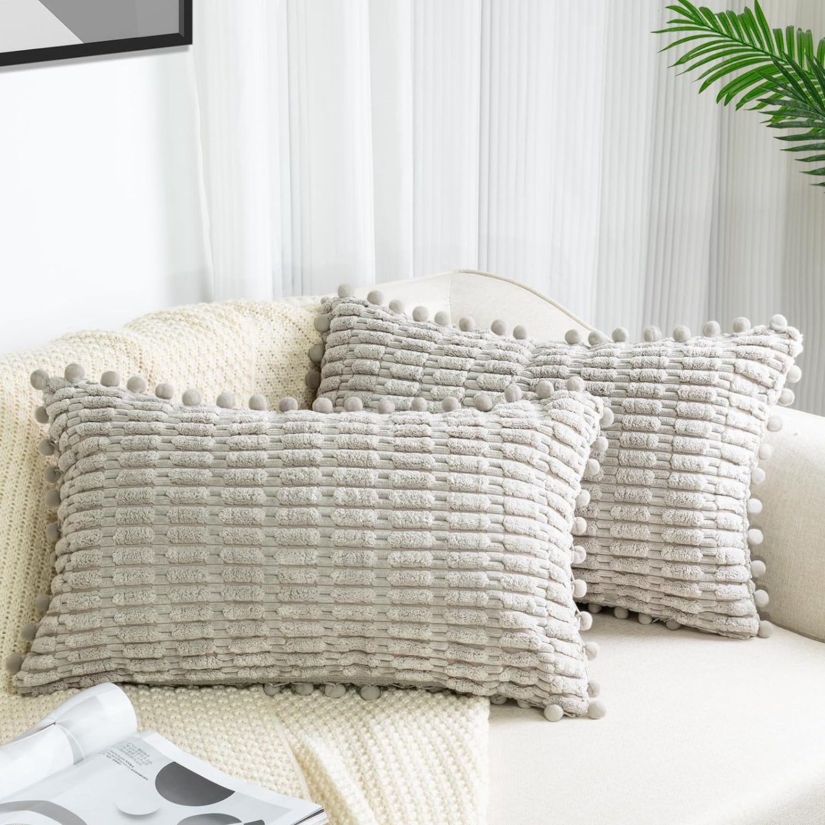 Set van 2 beige kussenhoezen, 30 x 50 cm, corduroy fluweel, sofakussen, zachte kussenhoezen, boho-kussenslopen, sierkussen, moderne kussens, decoratie voor bank, slaapkamer, thuis, auto,
