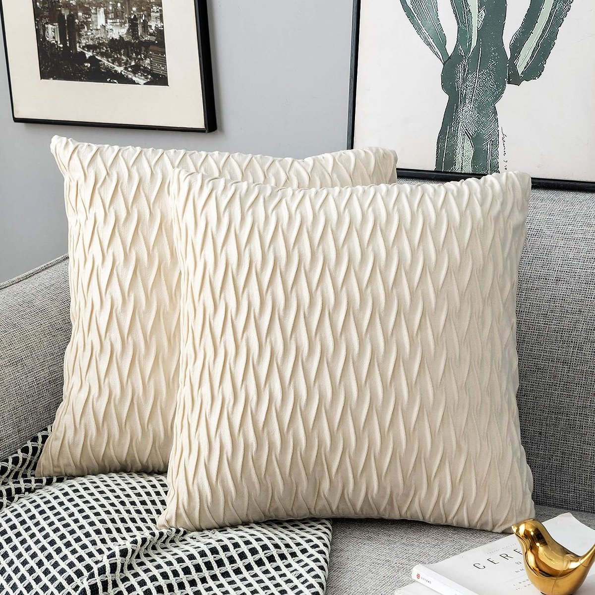Kussenslopen Set Fluwelen Soft Decoratieve Kussenhoes voor Sofa Slaapkamer 45 cm x 45 cm Set van 2 voor Bank Bed Sofa Stoel Slaapkamer Woonkamer Crème Wit