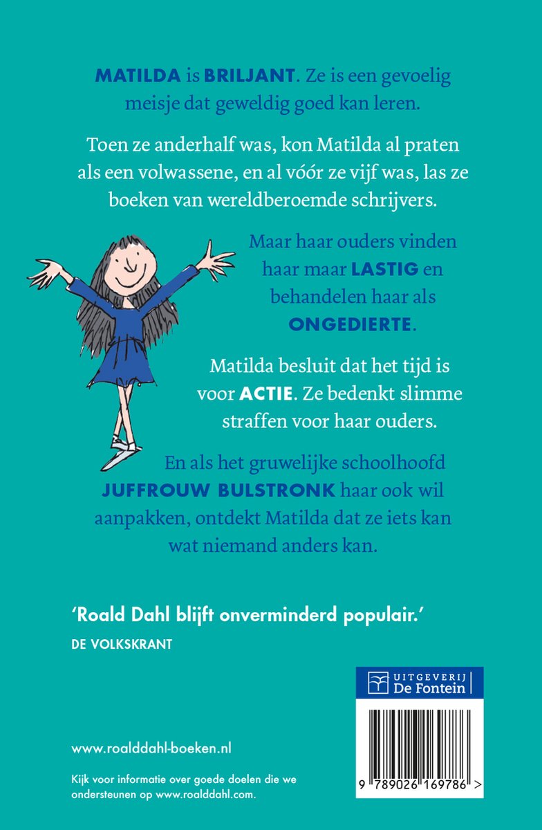 Boekcover van Matilda, met een tekening van een meisje met wijd gespreide armen en tekst over het verhaal.