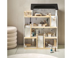 foto van Petite Amélie Houten Poppenhuis - Zwart, grijs en wit - H.80 cm - Incl. 19 Poppenhuis Meubels – Voor een moderne speelwereld vol avonturen