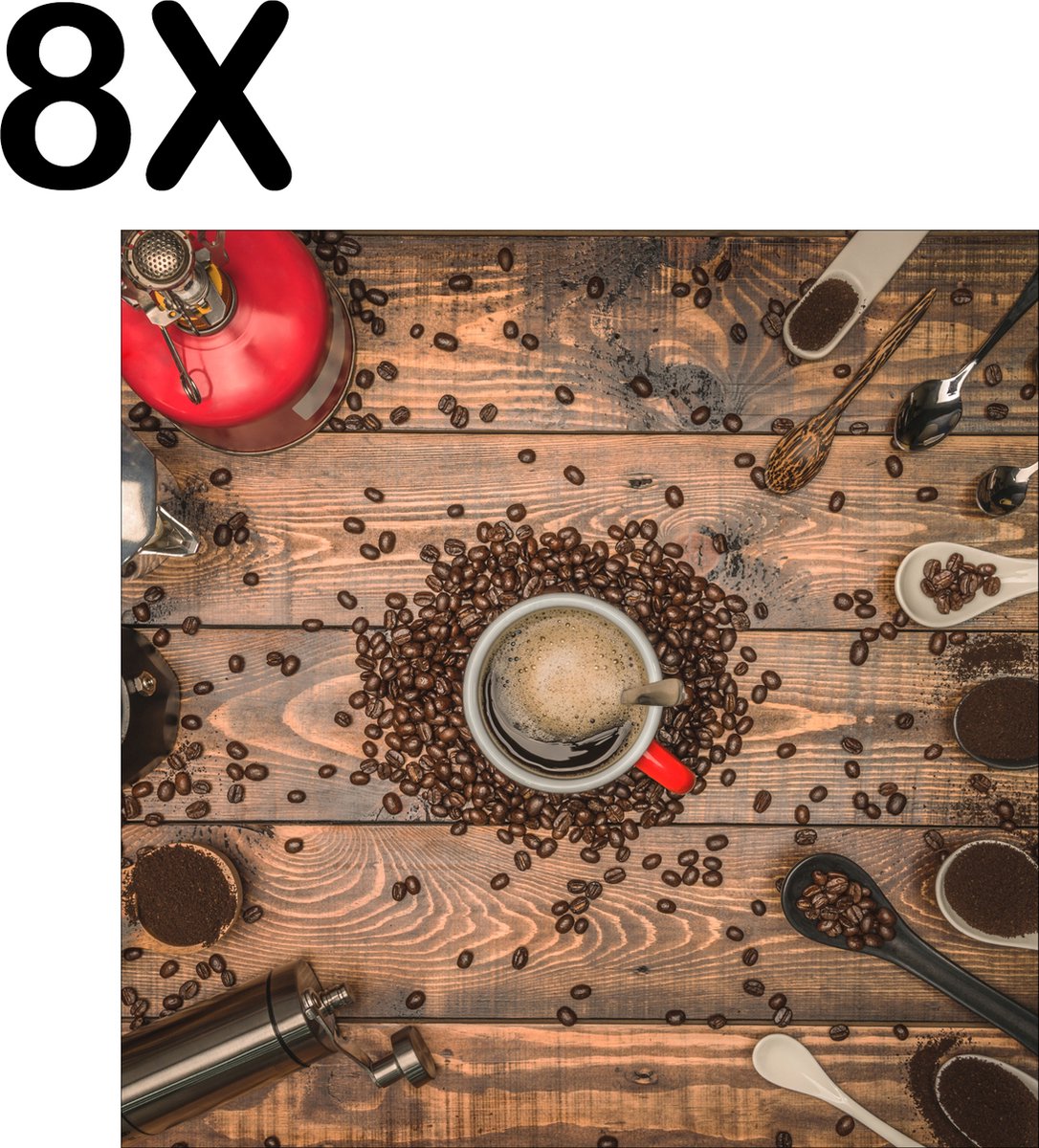 BWK Textiele Placemat - Koffie molens en Schepjes - Set van 8 Placemats - 40x40 cm - Polyester Stof - Afneembaar