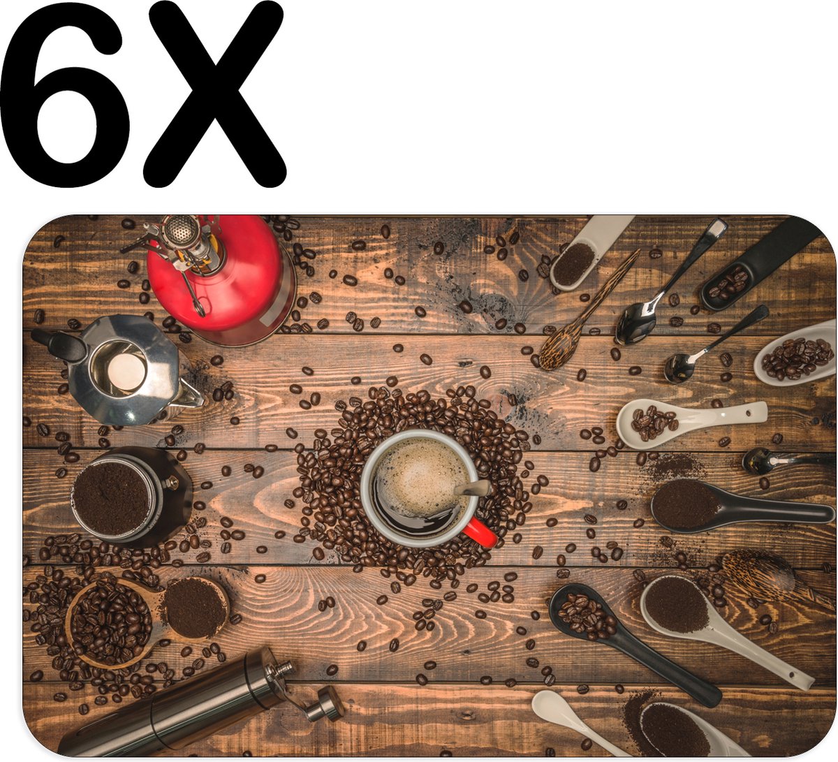 BWK Luxe Placemat - Koffie molens en Schepjes - Set van 6 Placemats - 45x30 cm - 2 mm dik Vinyl - Anti Slip - Afneembaar