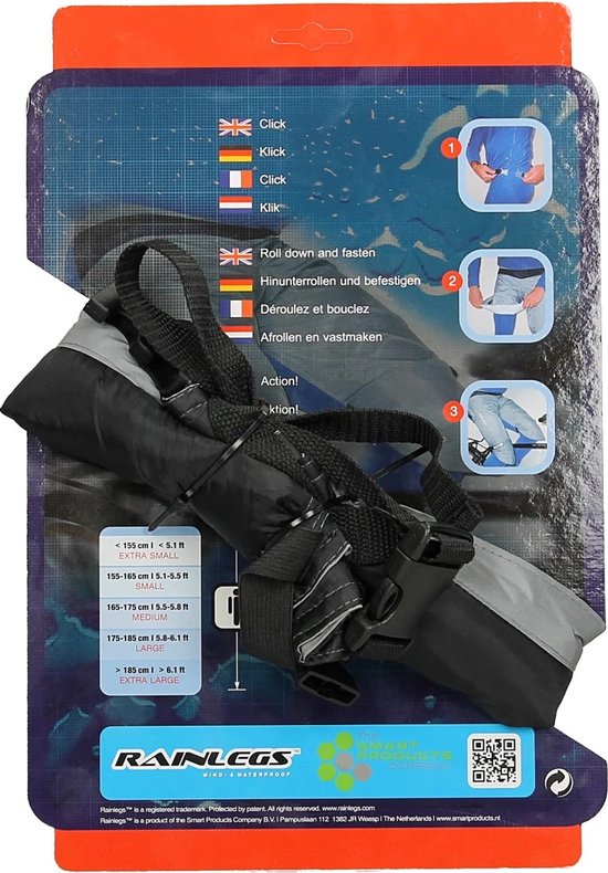 Gevouwen grijze beenstukken in verpakking met instructies en maattabel voor Rainlegs.