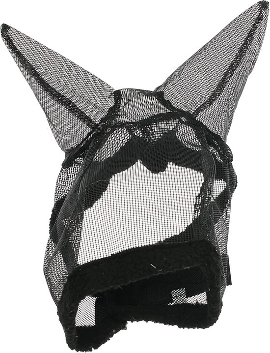 Zwart vliegenmasker met oren, teddy voering en klittenbandsluiting.