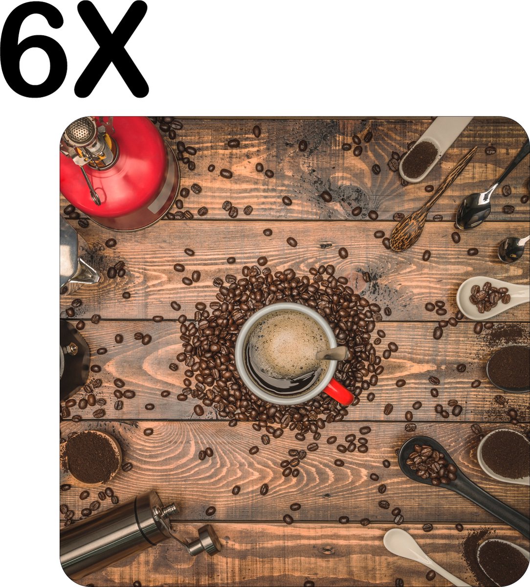 BWK Luxe Placemat - Koffie molens en Schepjes - Set van 6 Placemats - 40x40 cm - 2 mm dik Vinyl - Anti Slip - Afneembaar