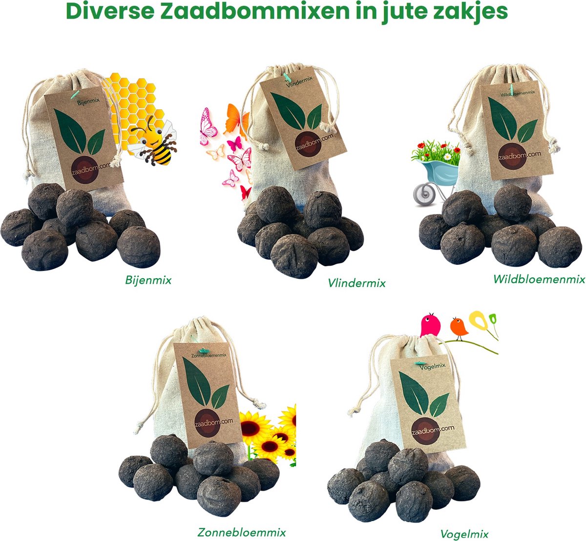 Zaadbommen in Jute zakje - Verschillend mixen - 5 pack - Totaal 50 stuks - Zaadbom - Zaadbomen - Bloembommetjes -Zaadbommetjes