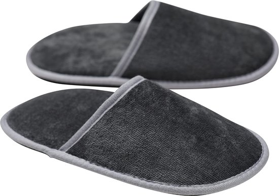 Velour Badstof slippers zonder siliconen noppen, 100% biologisch katoen, hotelslippers, pantoffels, dames en heren, één maat, gesloten, antraciet grijs