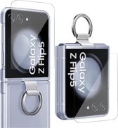 Hoesje geschikt voor Samsung Galaxy Z Flip 5 + Screenprotector - Beschermglas Folie - Shock Proof Case – Ring voor Grip - Transparant