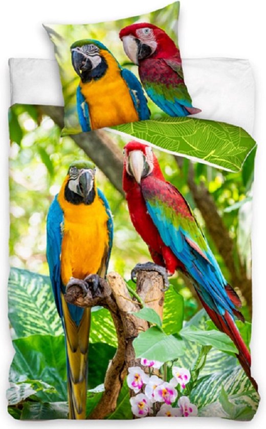Prachtig kinder dekbedovertrek katoen Papagaai - 140x200 (eenpersoons) - hoogwaardig - zacht en ademend - huidvriendelijk - ideaal voor de kinderkamer