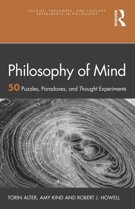 Boek 'Philosophy of Mind: 50 Puzzles, Paradoxes, and Thought Experiments'. De cover toont een gedetailleerd, abstract zwart-wit patroon dat doet denken aan spetters of ringen.