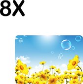 BWK Flexibele Placemat - Gele Bloemen met Blauwe Lucht en Bellen - Set van 8 Placemats - 35x25 cm - PVC Doek - Afneembaar