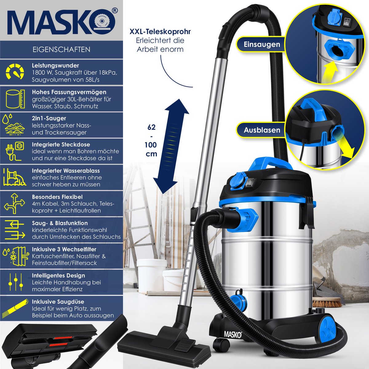 MASKO® Alleszuiger Nat- en Droogzuiger 1800W + stopcontact, Blaasfunctie, Droog- & natzuigen | Industriële stofzuiger vuilreservoir 30L Bouwstofzuiger - Blauw – foto 4
