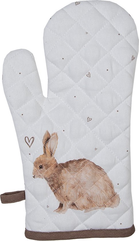 Witte ovenwanten met ruitpatroon, hartjes en een bruine konijnprint.