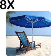 BWK Stevige Placemat - Blauwe Stoel met Parasol op Prachting Wit Strand - Set van 8 Placemats - 50x50 cm - 1 mm dik Polystyreen - Afneembaar