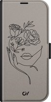 Bookcase hoesje met pasjes - Geschikt voor Apple iPhone 14 - Oneline Face Flower - Bruin - Geometrisch patroon - Kunstleer - Casevibes