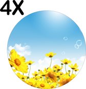 BWK Luxe Ronde Placemat - Gele Bloemen met Blauwe Lucht en Bellen - Set van 4 Placemats - 40x40 cm - 2 mm dik Vinyl - Anti Slip - Afneembaar