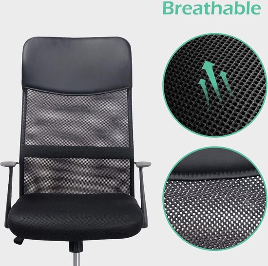 T-THREE. Verstelbare hoofdsteun bureaustoel, ergonomische mesh draaibare stoel, bureaustoel met lendensteun, hoogteverstelling, 360° rotatie en kantelfunctie, mesh rugleuning voor thuiskantoor (zwart