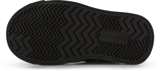 Zool van een donkerbruine sneaker met visgraatpatroon en logo.