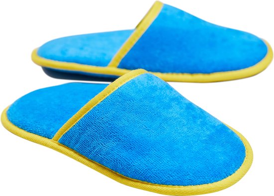 Velour Badstof slippers zonder siliconen noppen, 100% biologisch katoen, hotelslippers, pantoffels, dames en heren, één maat, gesloten, blauw/geel.