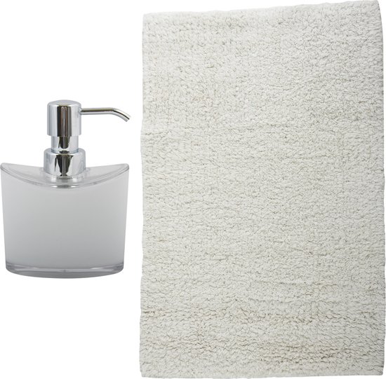 MSV badkamer droogloop mat/tapijt - Sienna - 40 x 60 cm - bijpassende kleur zeeppompje - wit