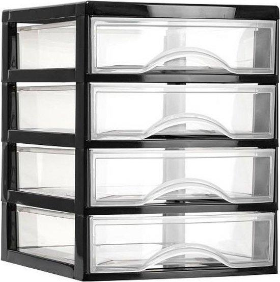 Plasticforte Caisson à tiroirs/organiseur de bureau 2x tiroirs - noir/transparent - L18 x L21 x H23 cm - plastique