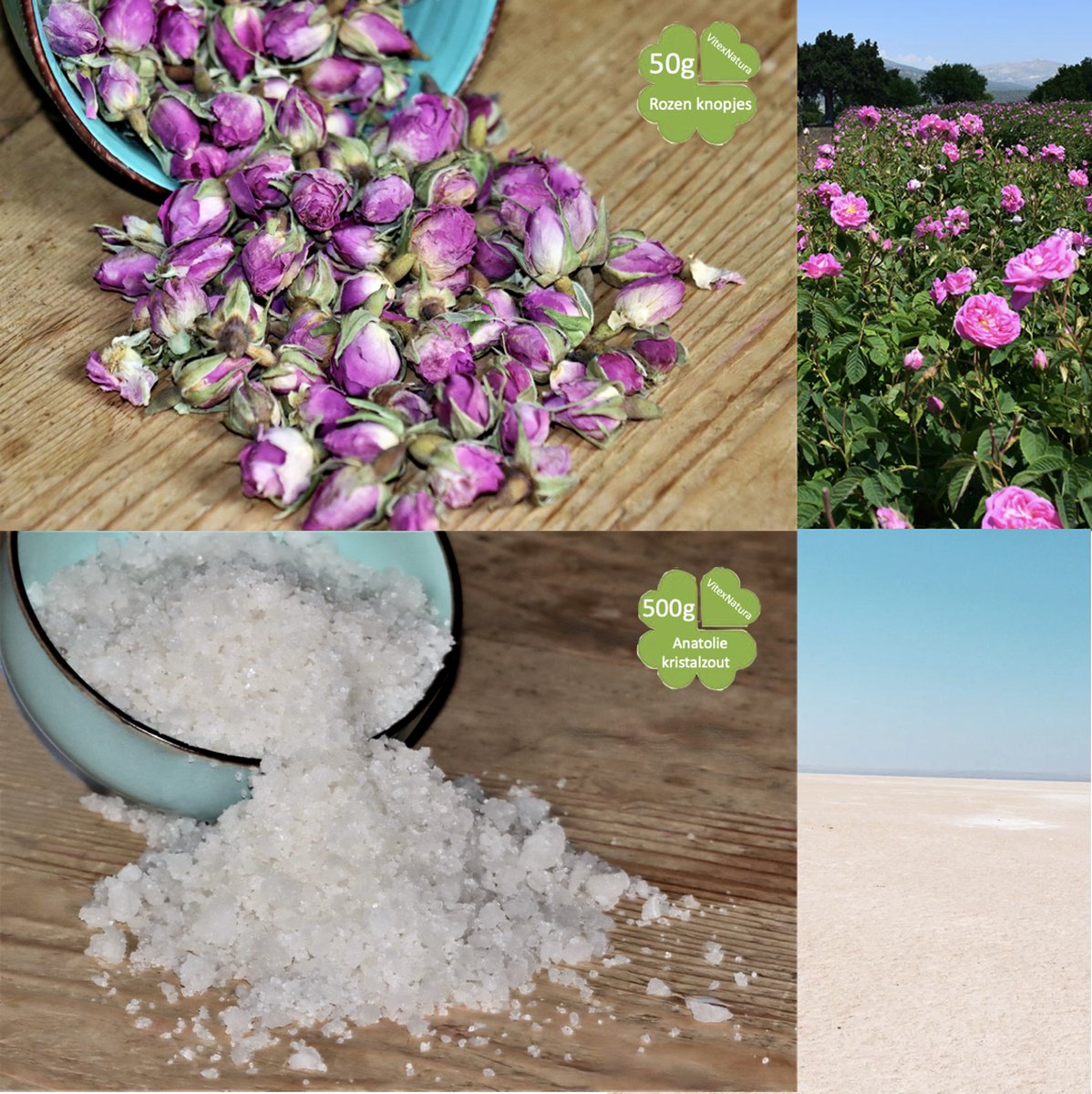 Maak je eigen badzout | Mineralen badzout 500g | Reinigende Rozen knopjes 50g | Met een makkelijk recept | Vitex Natura