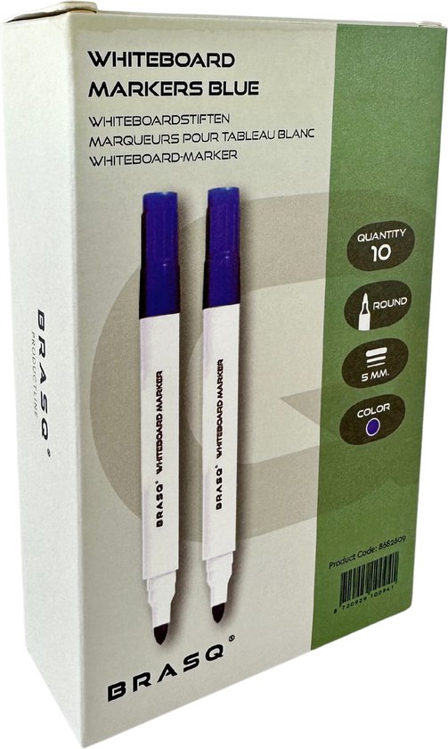 Doos met tien BRASQ whiteboard markers in blauw. De markers hebben een ronde punt en witte body.