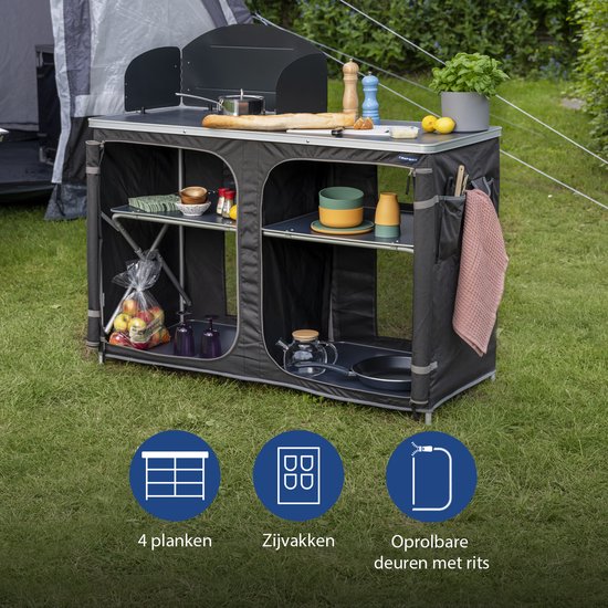 Campingkast, opvouwbaar, draagbare campingkeuken met 2 verdiepingen, aluminium vouwkast, voor picknick, barbecue, feestjes, 110 x 38 x 88 cm (zwart)ZB32834