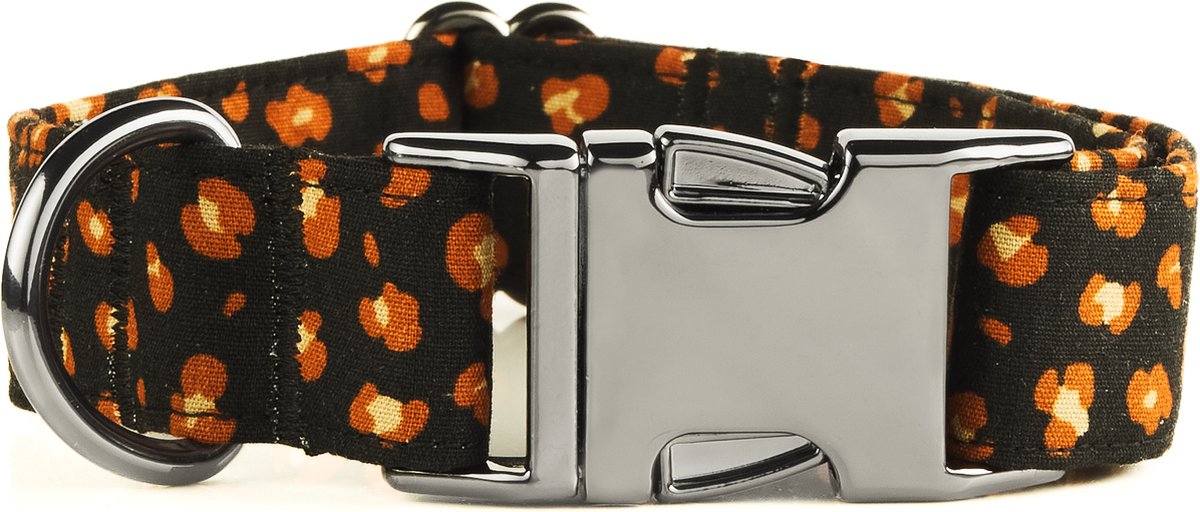 Awesome Paws halsband hond - Honden halsband Oranje bloemetjes gespikkeld op zwart - Handmade | Maat S