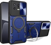 Hoesje met Camera Slider Geschikt voor de Xiaomi 13 - Back Cover met Standaard - Beschermhoes TPU - Uitklapbare Kickstand Ring - Magneet voor Auto Houder Blauw