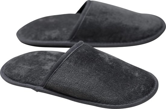Velour Badstof slippers zonder siliconen noppen, 100% biologisch katoen, hotelslippers, pantoffels, dames en heren, één maat, gesloten, antraciet