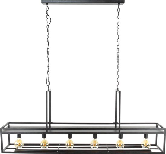 Rechthoekige metalen eettafel hanglamp | 6 lichts | grijs / zwart | metaal | 160 cm breed | in hoogte verstelbaar tot 150 cm | eetkamer / woonkamer | dimbaar | modern / sfeervol design