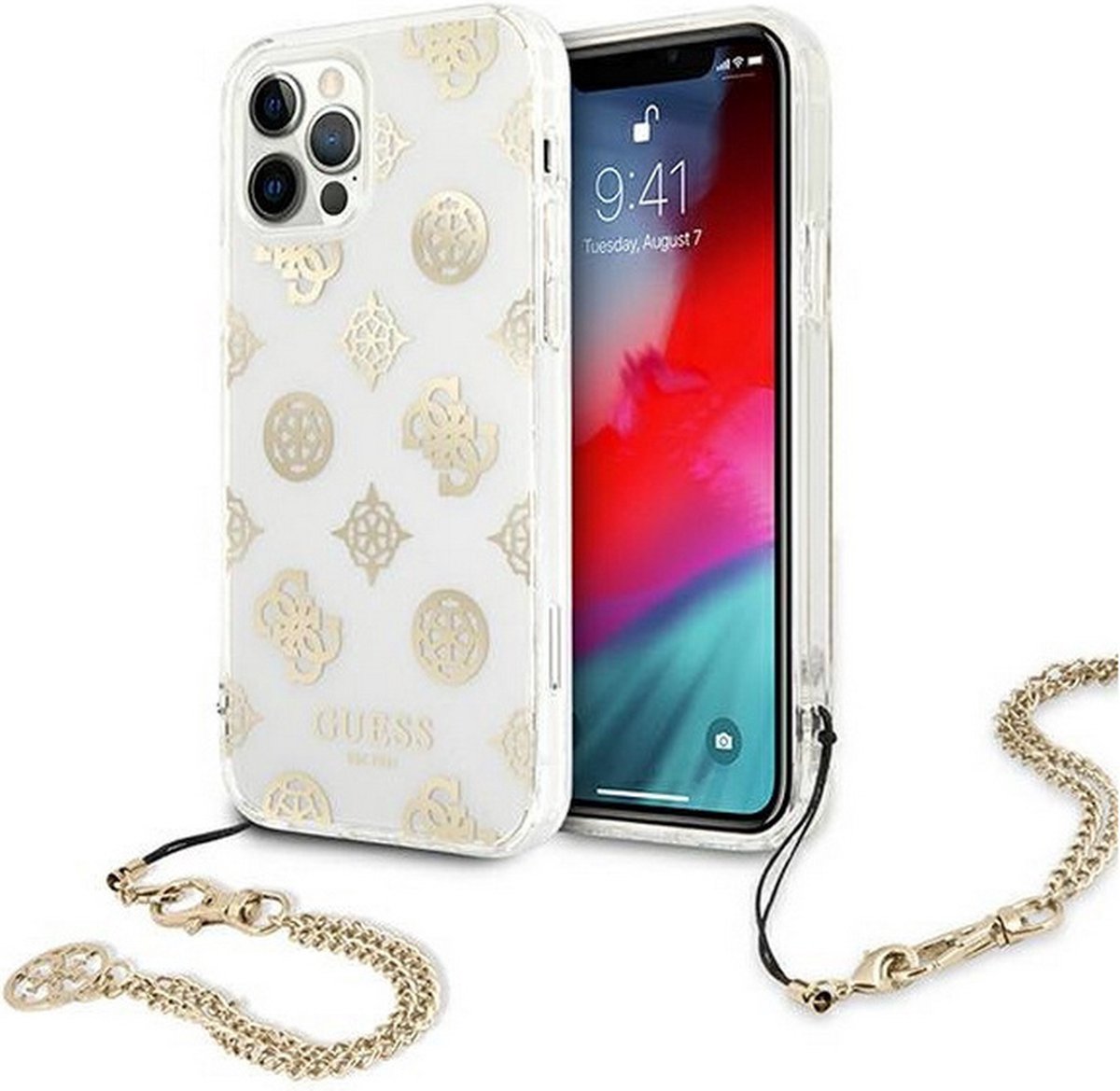 Guess Peony Back Case met Strap - Geschikt voor Apple iPhone 12/12 Pro (6.1") - Goud