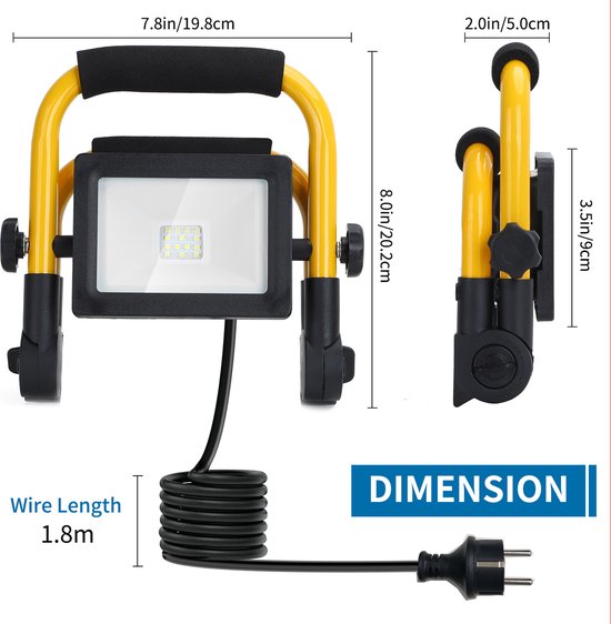 LED DE TRAVAIL À LED - ANTI-CHOC IP44 - 10W 900LUMEN - 6500K DAYLIGHT BLANC - INCL. FICHE DE CONNEXION 150CM