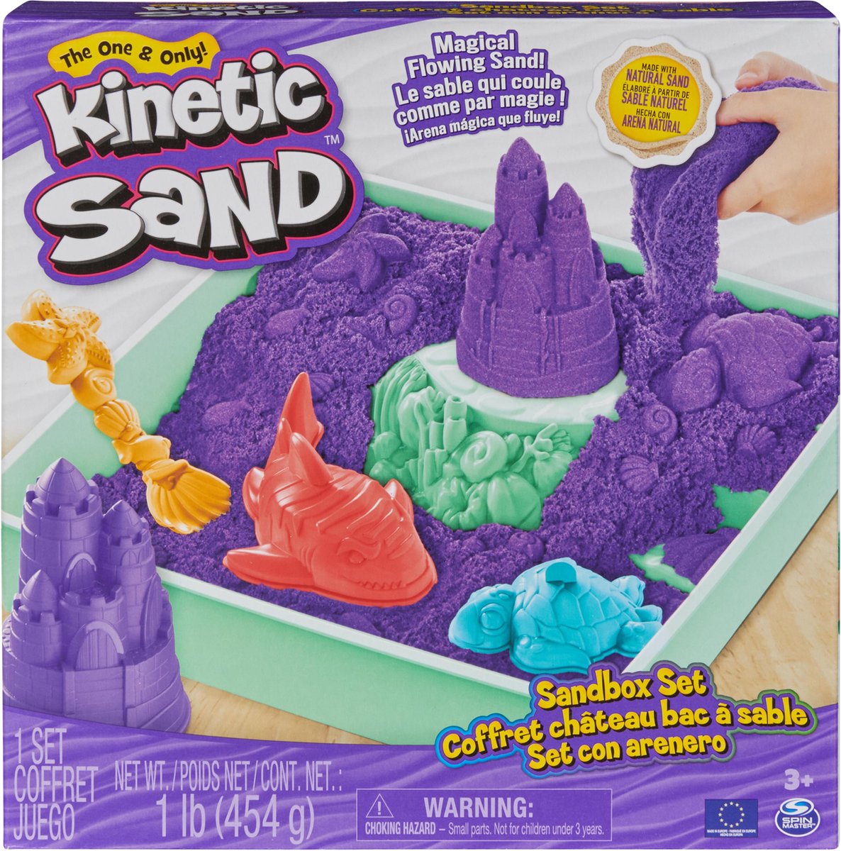 Kinetic Sand - Zandbak-set met 454 g paars speelzand opbergzandbak 4 vormen en gereedschap - Sensorisch speelgoed