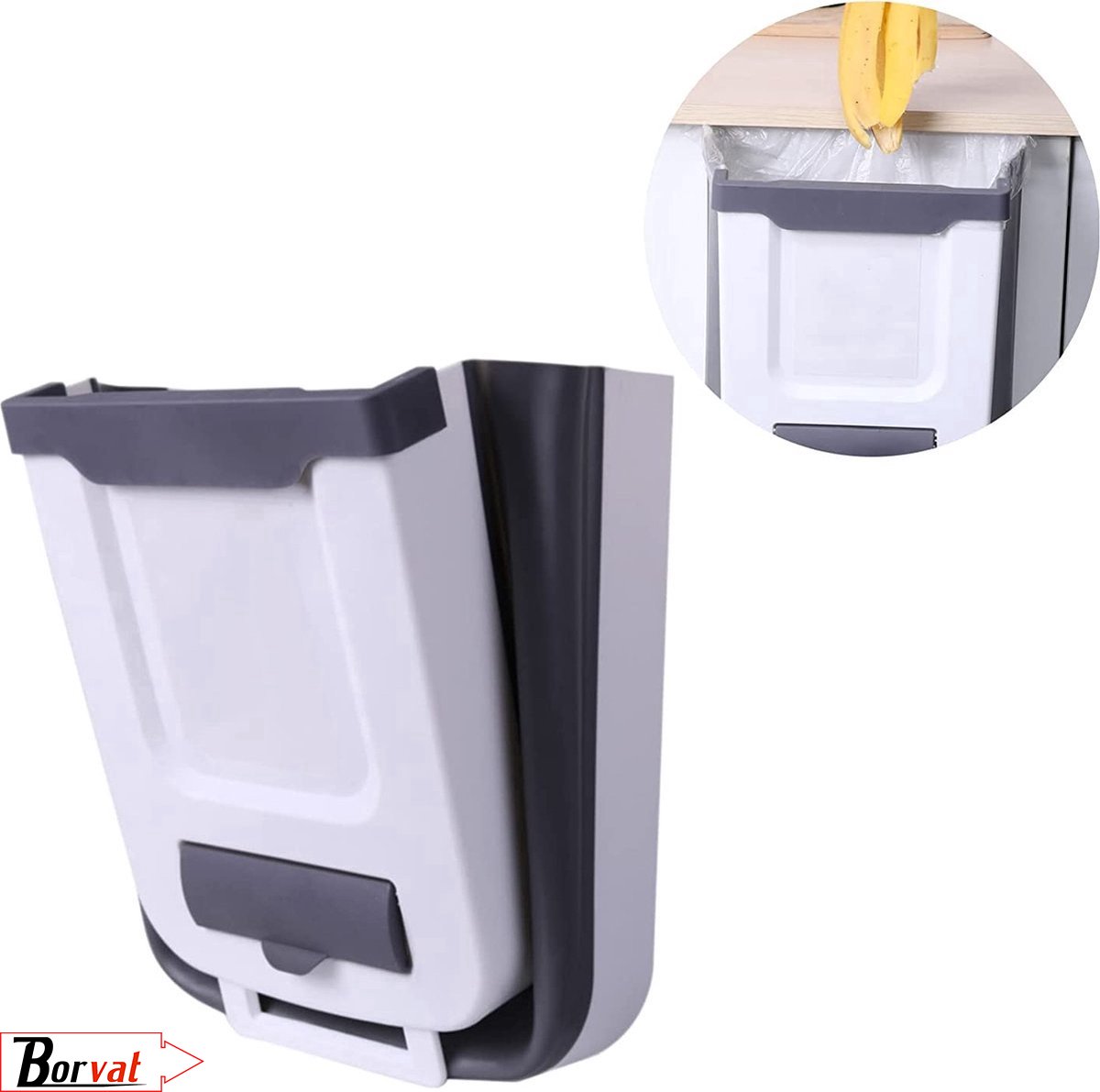 Borvat® | Afvalbakje aanrecht - 7 Liter - Hangend - inklapbaar - Opvouwbaar - Inklapbare prullenbak voor Keukenkast- Wit