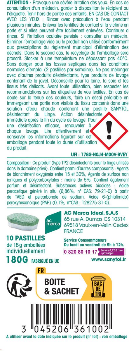 Désinfectant Du Linge SANYTOL : la boîte de 10 pastilles à Prix