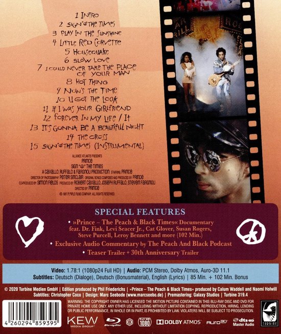 Achterkant van de Blu-ray hoes van Prince's 'Sign 'O' The Times' met de tracklist, speciale features en technische specificaties.